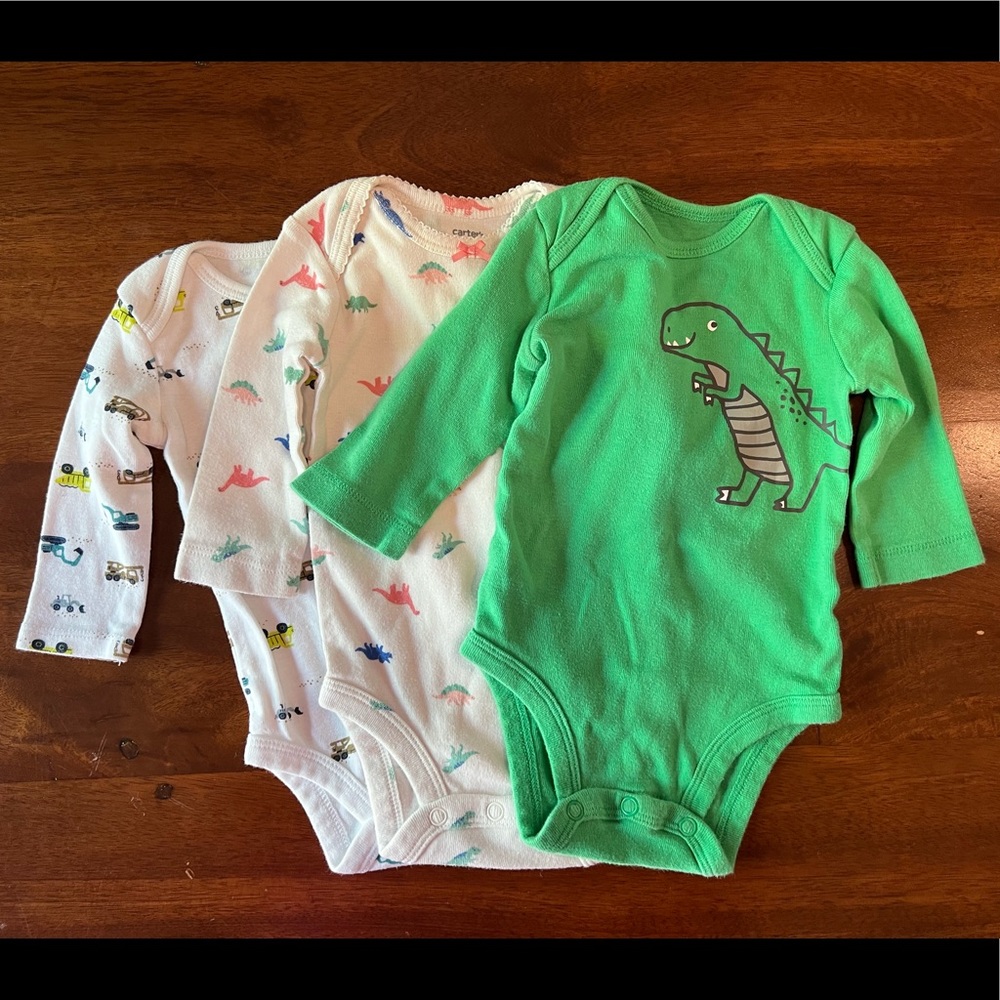 Three long-sleeved onesies, size 0-3 months